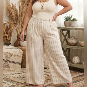 Aerie Linen Blend Wide Leg Pants XL Cream Striped High Rise